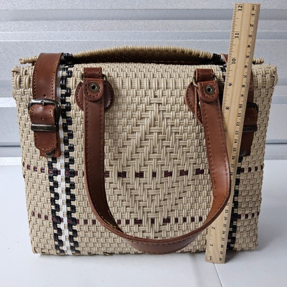 Handmade Woven Straw Handbag Purse Top Handle Satchel Bag Beige Brown Medium MX - Picture 11 of 14